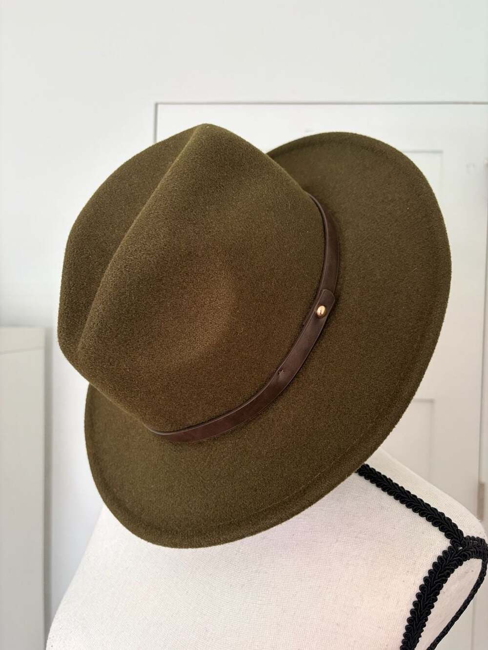 Free People Women's Olive Green Wool Blend Fedora Hat with Leather Band
